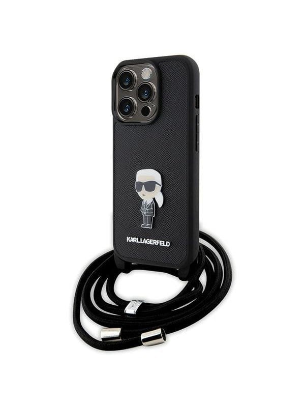 Karl Lagerfeld Crossbody Saffiano Monogram Metal Pin Karl & Choupette Case for iPhone 15 Pro - Black