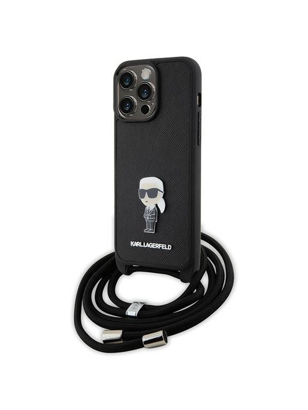 Karl Lagerfeld Crossbody Saffiano Monogram Metal Pin Karl & Choupette Case for iPhone 15 Pro Max - Black