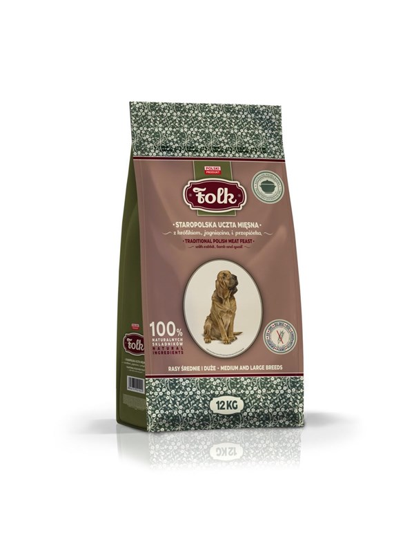 Folk Mittlere und groe Rassen Traditionelles polnisches Fleischfestmahl mit Kaninchen Lamm und Wachtel - Trockenfutter fr Hunde - 12kg