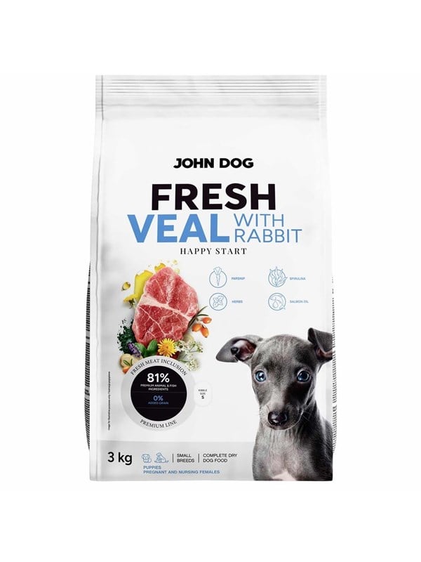 John Dog Fresh Junior kleine Rassen Kalbfleisch mit Kaninchen - Trockenfutter fr Hunde - 3kg