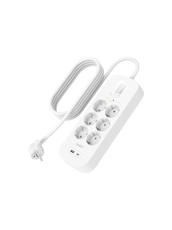 Belkin Connect Überspannungsschutz mit sechs Steckdosen, einem USB-C- und einem USB-A-Anschluss