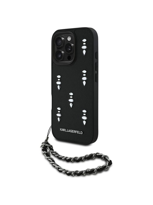 Hülle für Apple iPhone 16 Pro Max, Karl Lagerfeld, Saffiano Crystals & Charm, Schwarz