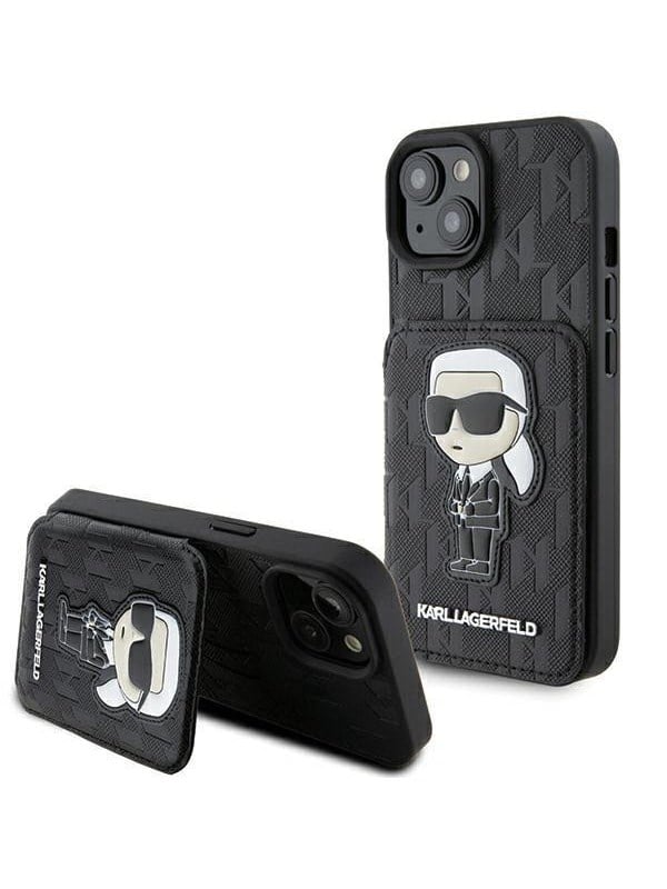 Hülle für Apple iPhone 15, Karl Lagerfeld, Saffiano Kartenfächer und Ständer Monogram Ikonik Karl, Schwarz