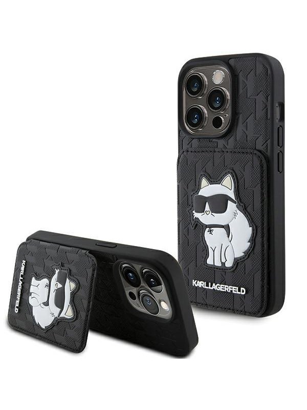 Hülle für Apple iPhone 15 Pro Max, Karl Lagerfeld, Saffiano Kartenfächer und Ständer Monogramm Choupette, Schwarz