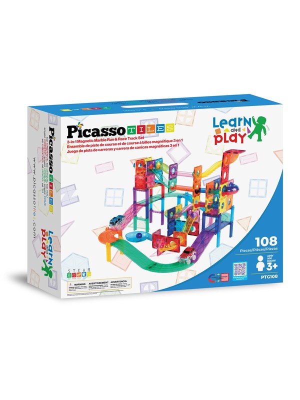 PicassoTiles 3-in-1 Kugelbahn, Rennstrecke und magnetisches Bauset - 108 Teile