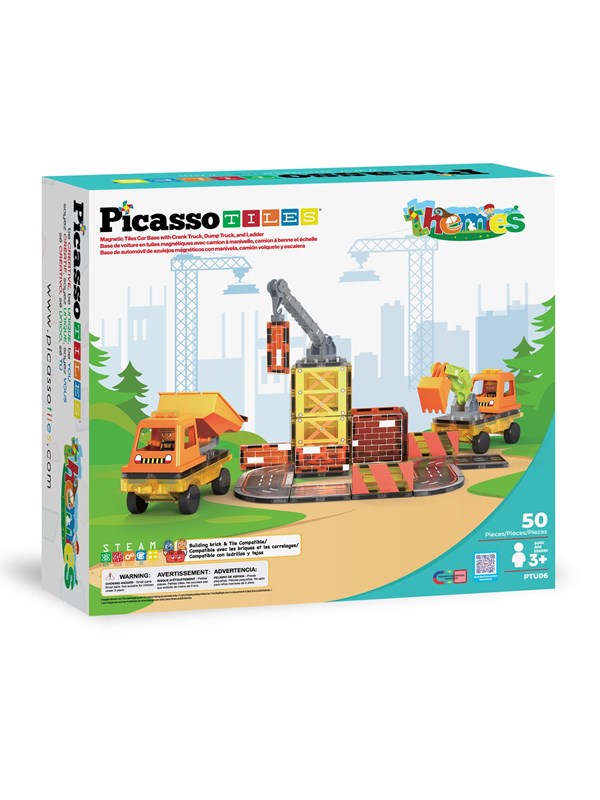 PicassoTiles 5-in-1 Baumaschinen und Baustelle - magnetisches Bauset - 50 Teile