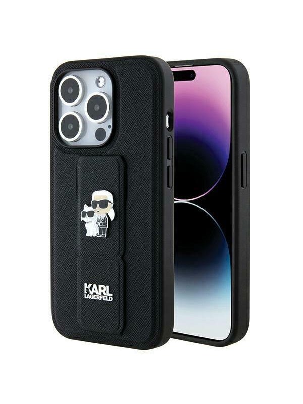 MagSafe Hülle für Apple iPhone 14 Pro, Karl Lagerfeld, Saffiano Gripstand Karl & Choupette, Schwarz