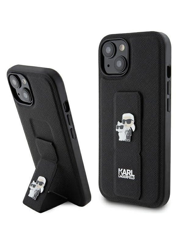 MagSafe Hülle für Apple iPhone 15, Karl Lagerfeld, Saffiano Gripstand Karl & Choupette, Schwarz