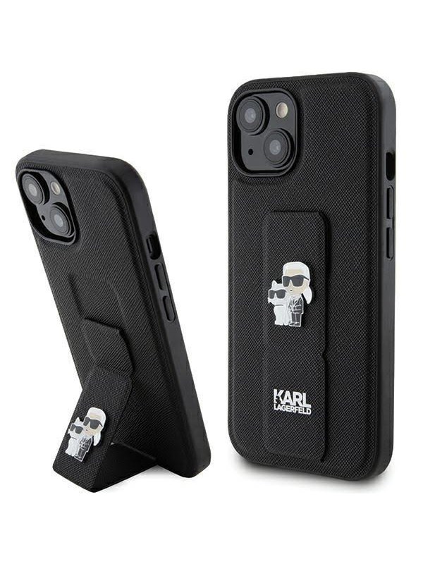 MagSafe Hülle für Apple iPhone 15 Plus / 14 Plus, Karl Lagerfeld, Saffiano Gripstand Karl & Choupette, Schwarz