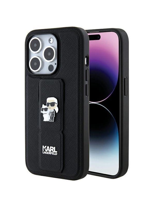 MagSafe Hülle für Apple iPhone 15 Pro, Karl Lagerfeld, Saffiano Gripstand Karl & Choupette, Schwarz