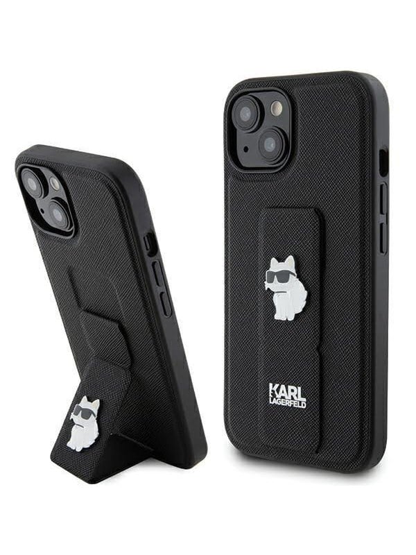 MagSafe Hülle für Apple iPhone 15, Karl Lagerfeld, Saffiano Gripstand Choupette, Schwarz