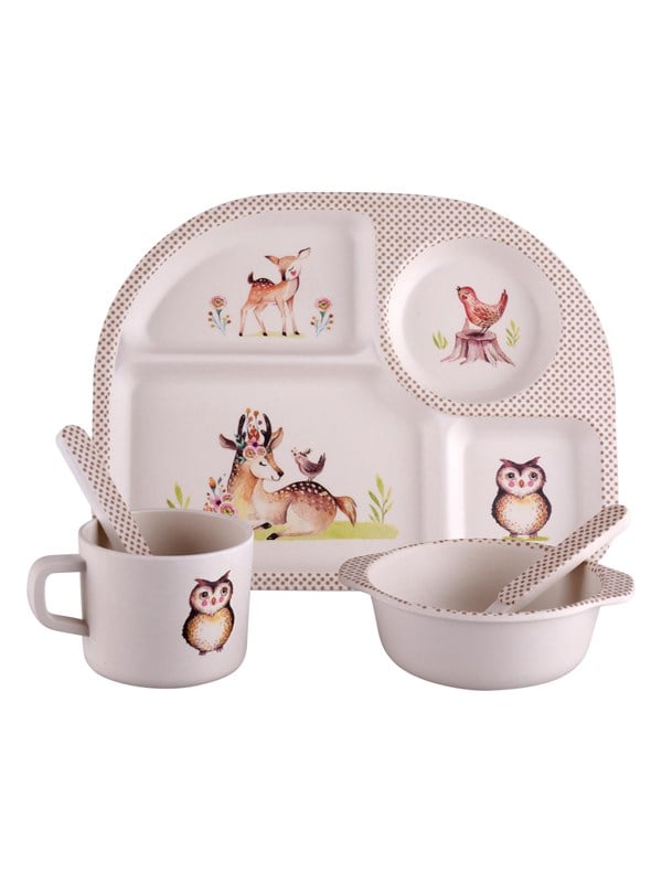 Little Woodies Wood Friends - Mealtime Set w 4 Room Plate - 5pcs