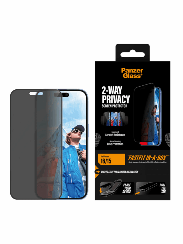 PanzerGlass 2-Way Privacy Screen Protector iPhone 16  15  Ultra-Wide Fit w Fastfit in-a-box