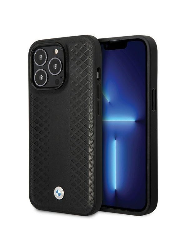 BMW Leather Diamond Pattern Case for iPhone 14 Pro - Black