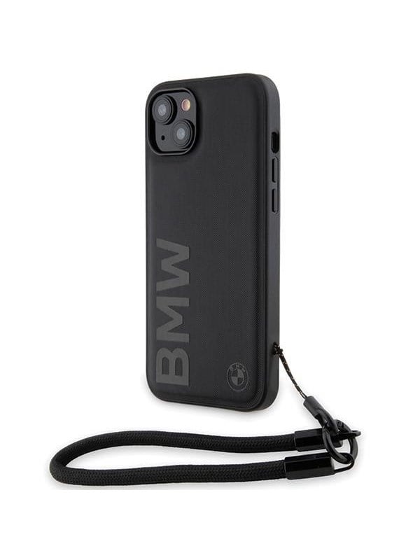 BMW Signature Leather Wordmark Cord case for iPhone 15 Plus  14 Plus - black