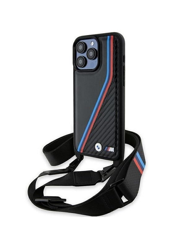 BMW M Edition Carbon Tricolor Lines  Strap case for iPhone 15 Pro Max - black
