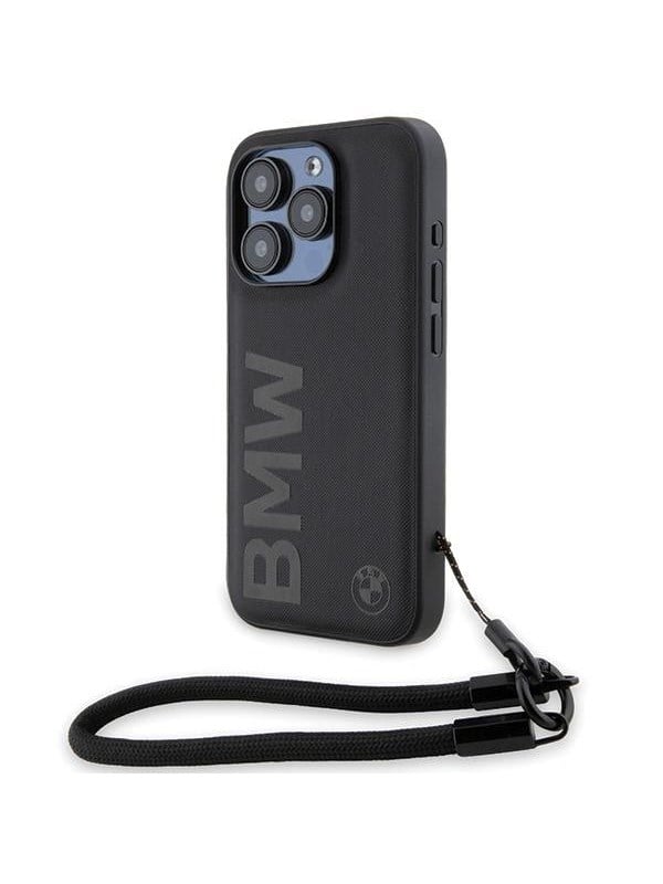 BMW Signature Leather Wordmark Cord case for iPhone 15 Pro Max - black
