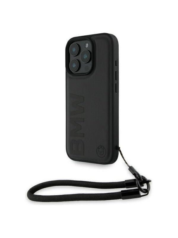 BMW Signature Leather Wordmark Cord Case for iPhone 16 Pro - Black