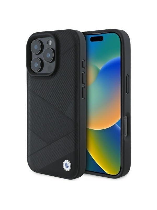 BMW Sign Leather Crossing Lines Pattern iPhone 16 Pro Max Case - Black
