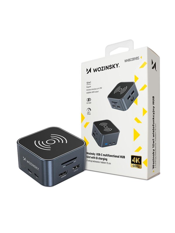 Wozinsky Hub USB-C 12 in 1 WHBC09Y8S multifunctional with wireless charging function aluminum with 15 cm cable - gray USB-Hubs