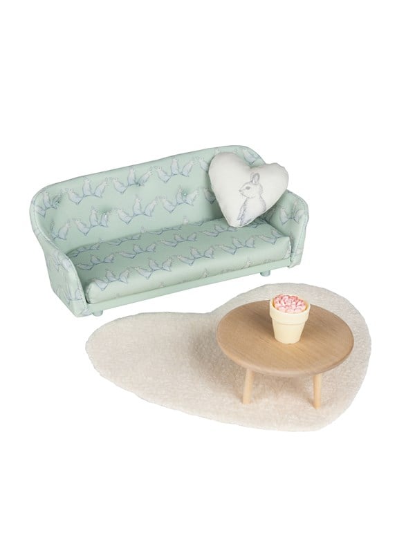 Micki Lundby Wohnzimmer-Set mit mintgrnem Sofa Tisch herzfrmigem Kissen Teppich und Blumentopf Alter 3