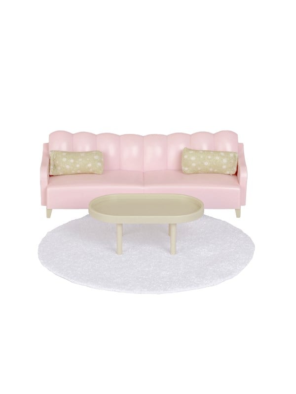 Micki Lundby Wohnzimmer-Set mit pinkem Sofa Tisch Teppich und Kissen