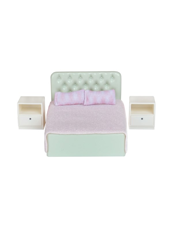 Micki Lundby grnes Bett mit Kopfteil pinker Decke 2 Kissen 2 Nachttischen mit Schubladen