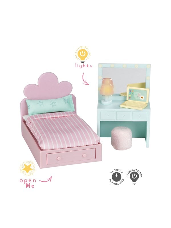 Micki Lundby Teenagerzimmer mit pinkem Bett Schminktisch Computer und Pouf Lampe mit Licht Schublade lsst sich ffnen Bentigt 1x CR2032 Batterie nicht enthalten 15-Minuten-Autoabschaltung