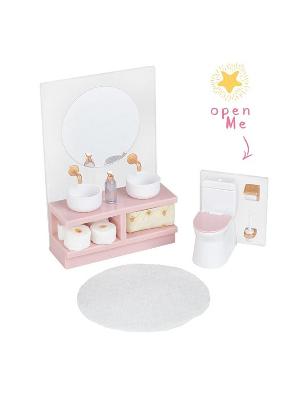 Micki Lundby Toilettenset mit Toilettenbrste Toilettenpapier Korb Waschbecken  Spiegel Toilettensitz lsst sich ffnen Ab 3 Jahren