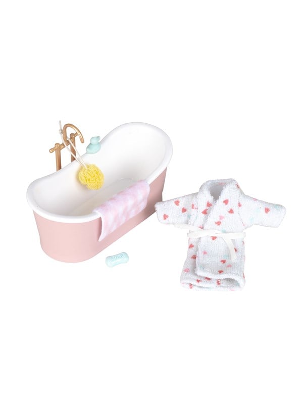 Micki Lundby rosa Badewanne mit goldfarbenem Wasserhahn Schwamm Gummiente Seife Handtuch  Bademantel mit Herzmuster