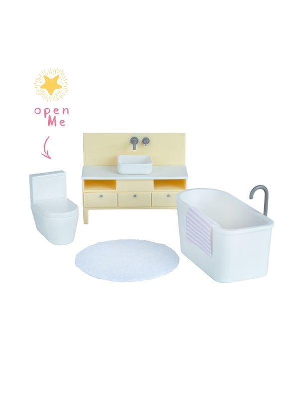 Micki Lundby Badezimmer-Set mit Badewanne Waschtisch mit Waschbecken Teppich  Badematte Toilettensitz lsst sich ffnen