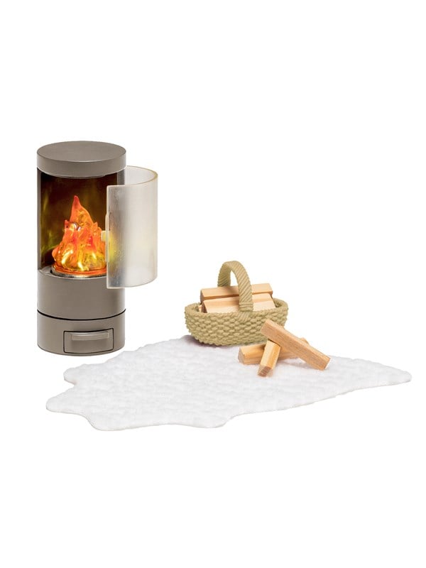 Micki Lundby Kamin mit leuchtenden Flammen Korb Brennholz und Teppich Kamin kann geffnet werden