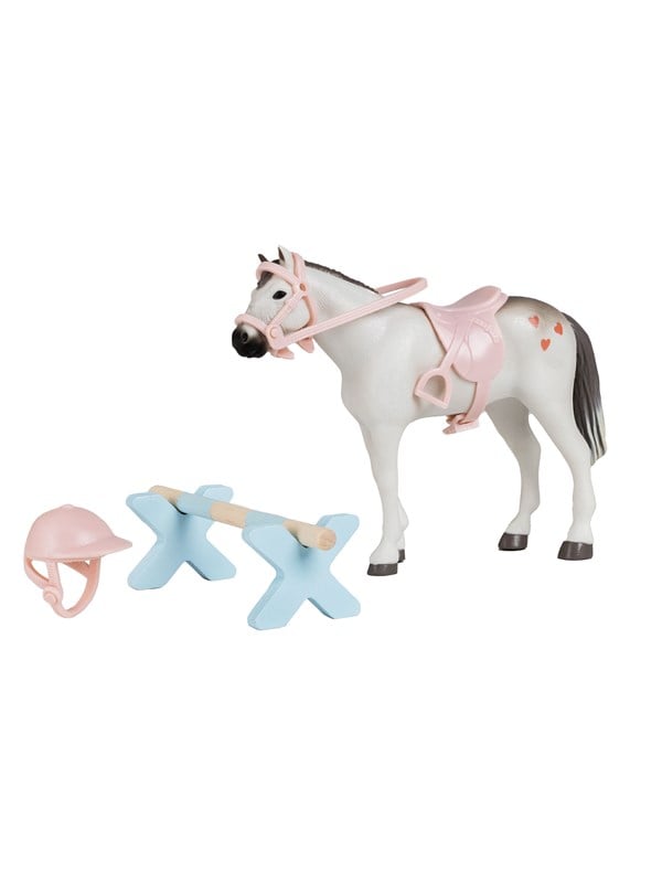 Micki Lundby Pferd mit Reitausrstung Helm und Sprung