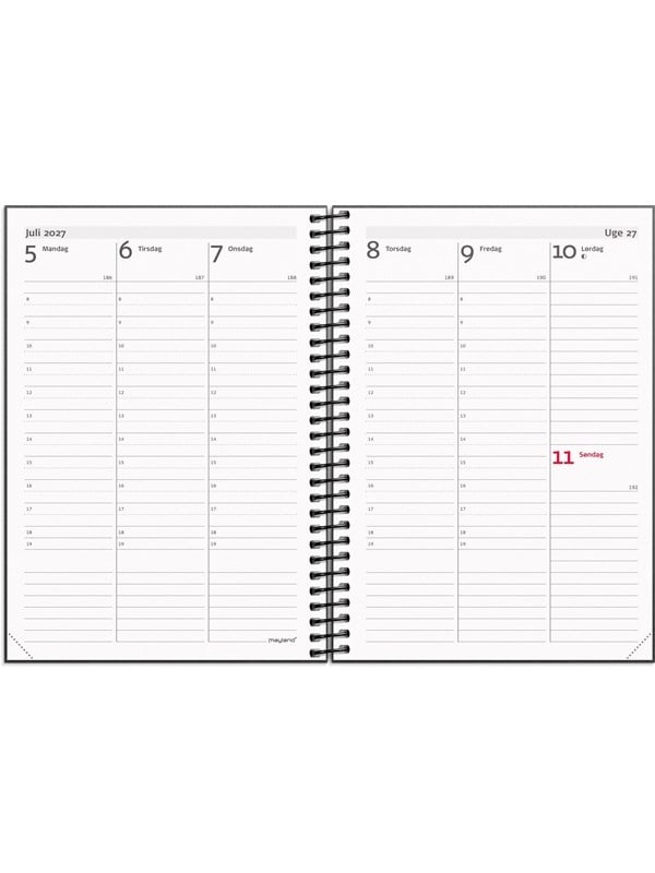 Mayland A6 ugekalender hjformat matsort genbrugskarton 2027