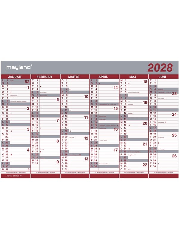 Mayland Kontorkalender Dobbelt halvrskalender 2028