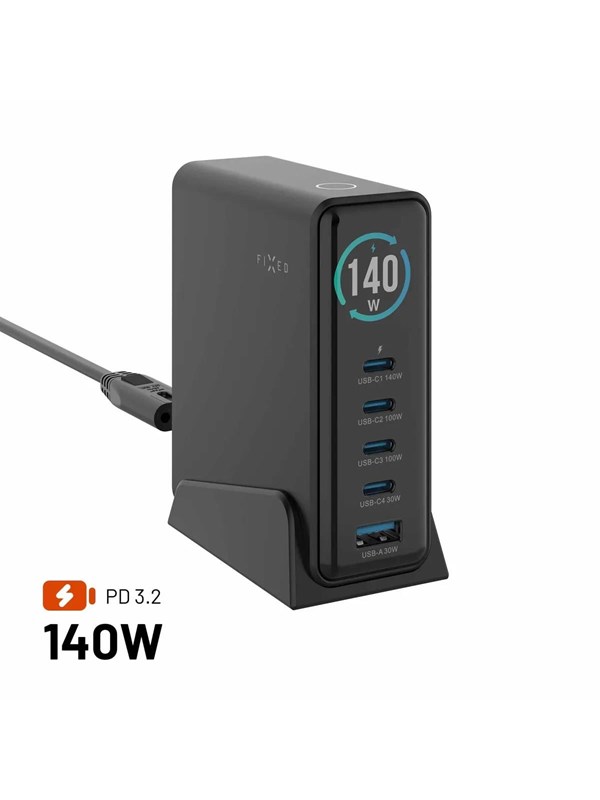 FIXED Super Fast GaN 140W Desktop Charger - 4xUSB-C & 1xUSB-A - Black