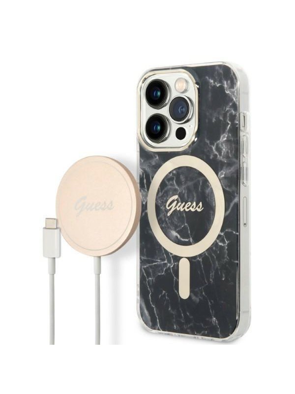GUESS GUBPP14LHMEACSK Case Charger iPhone 14 Pro 61 blackblack hard case Marble MagSafe