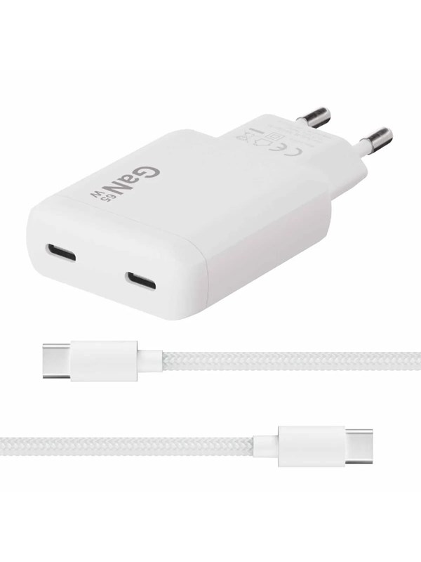 X2O 65W GaN Dual SLIM AVS Charger Incl 15 m USB-C to USB-C Cable - White