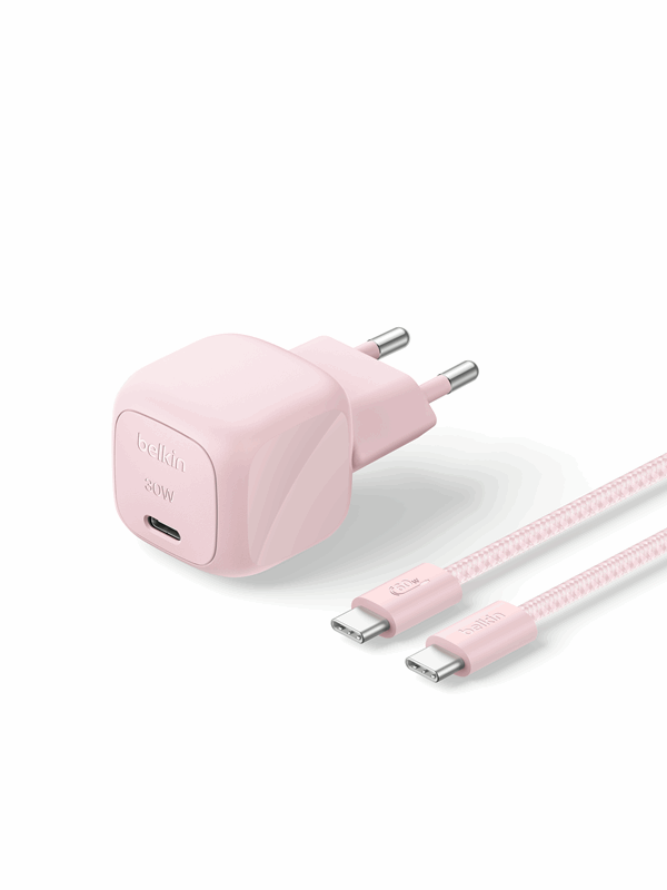 Belkin BoostCharge 30W USB PD Wall Charger w PPS Incl 2m USB-C - USB-C Cable - Blush