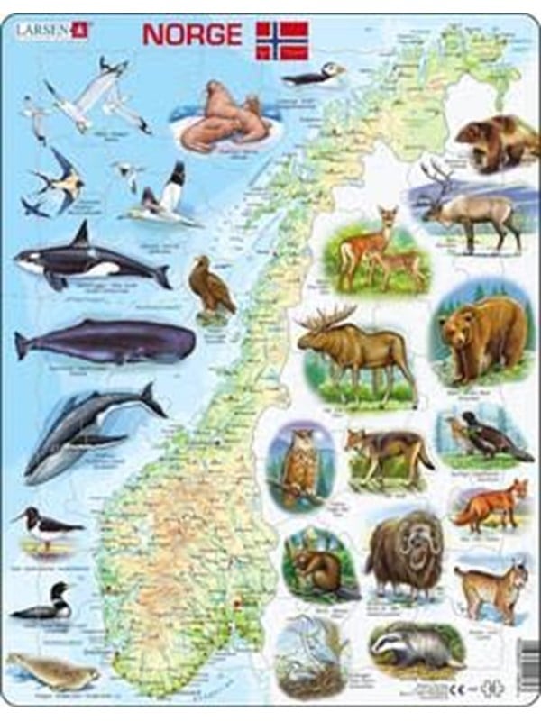 Larsen Puzzles Physical map puzzle of Norway with animals  62 pieces Maxi 365 x 285 cm 2D Puzzles