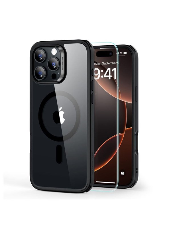 ESR Classic Hybrid Halolock MagSafe Case  Tempered Glass for iPhone 16 Pro Max - Clear with Black Frame