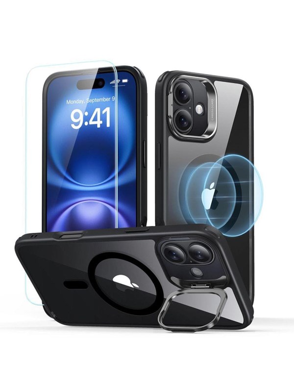ESR Classic Hybrid Kickstand Halolock MagSafe iPhone 16 Plus  Tempered Glass Screen Protector - Black