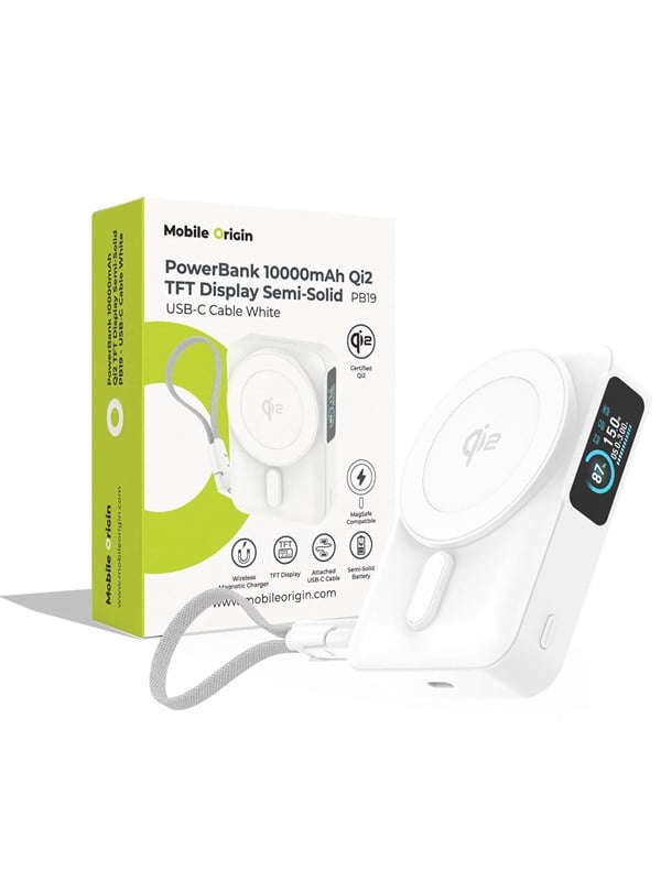 Mobile Origin PB19 Qi2 TFT Display Semi-solid Power Bank w Built in USB-C cable - White - 10000 mAh
