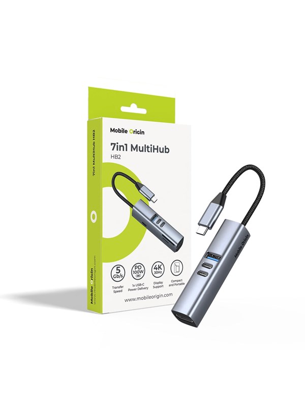 Mobile Origin HB2 7in1 USB-C MultiHub 3x USB-C  USB-A  HDMI  TFSD Card reader - Space Grey USB-Hubs
