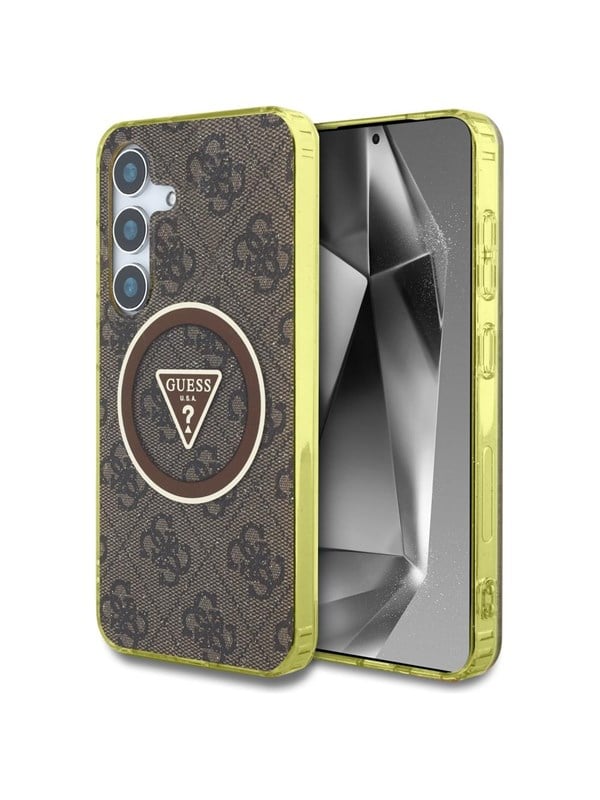 GUESS 4G Glitter Triangle Buttons MagSafe Case for Samsung Galaxy S25 Brown