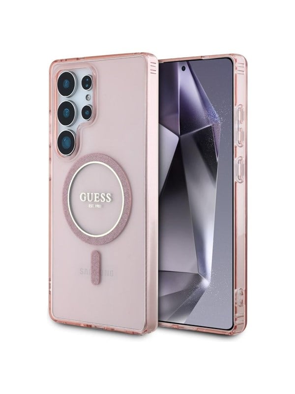 GUESS Glitter Circle Classic Logo MagSafe case for Samsung Galaxy S25 Ultra - pink