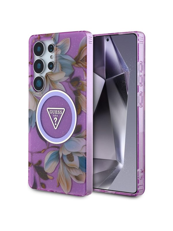 GUESS Glitter Flowers Triangle Buttons MagSafe case for Samsung Galaxy S25 Ultra - purple