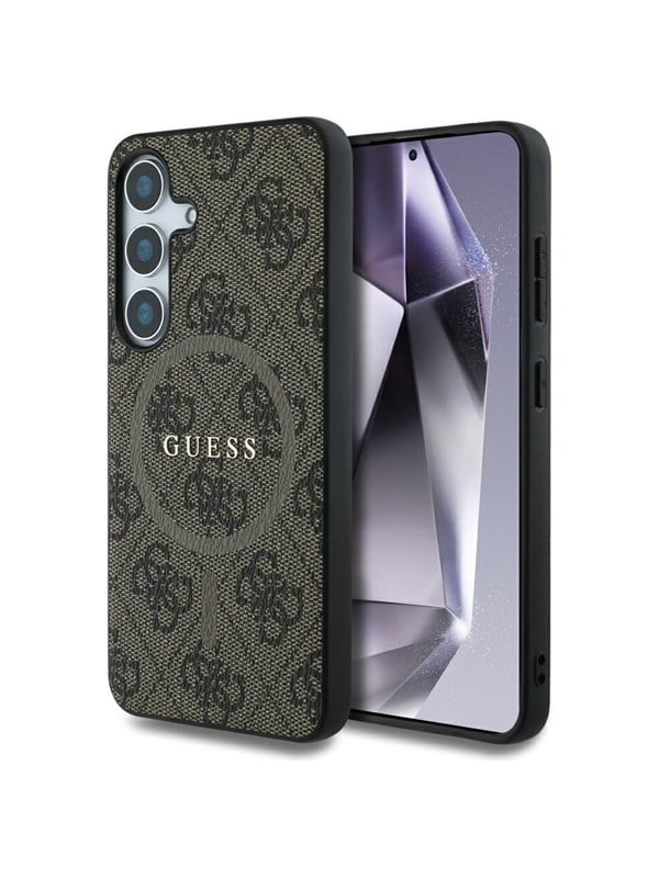 GUESS Leather 4G Colored Ring Classic Logo MagSafe Samsung Galaxy S25 case brown