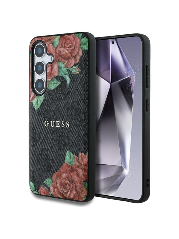 GUESS Leather 4G Flowers Print Metal Classic Logo MagSafe Case for Samsung Galaxy S25 - Black