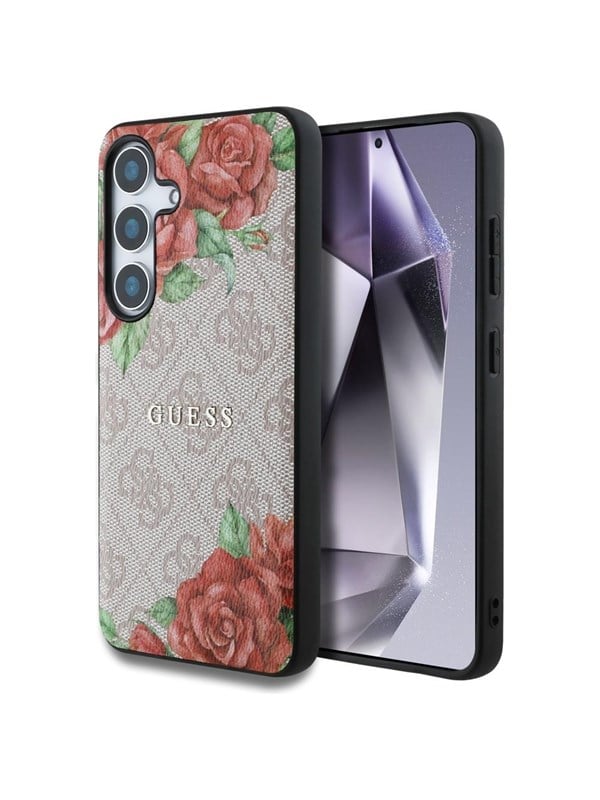 GUESS Leather 4G Flowers Print Metal Classic Logo MagSafe Case for Samsung Galaxy S25 - Pink